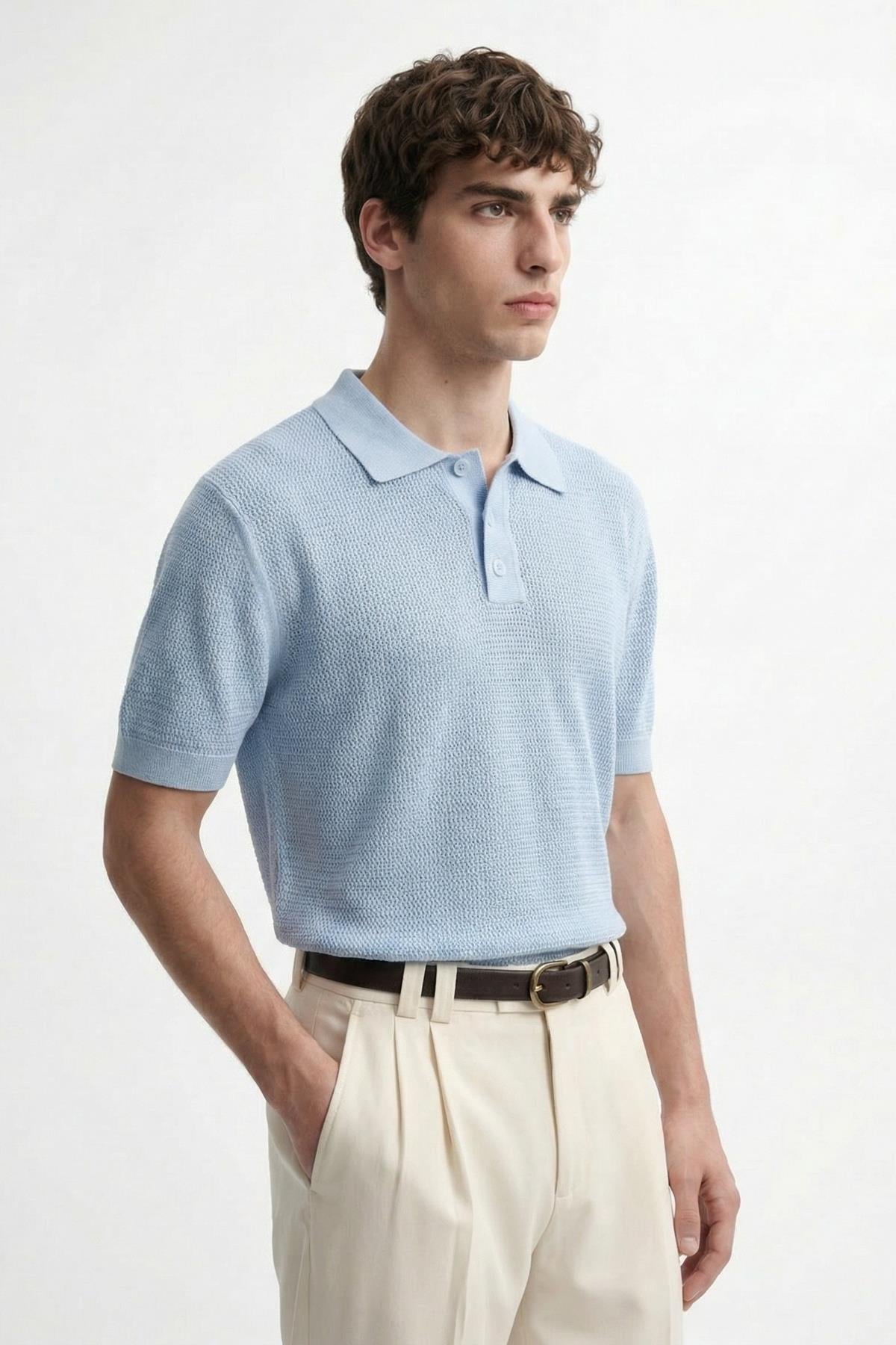 Antioch Mavi Örgü Dokulu Polo Yaka Erkek T-Shirt