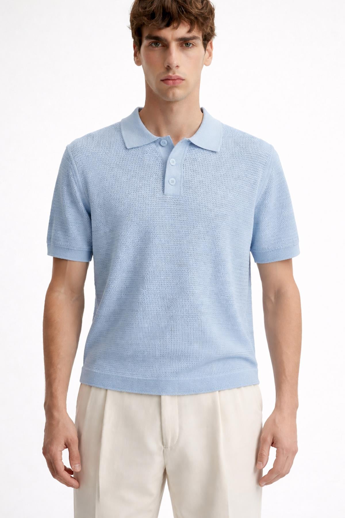 Antioch Mavi Örgü Dokulu Polo Yaka Erkek T-Shirt