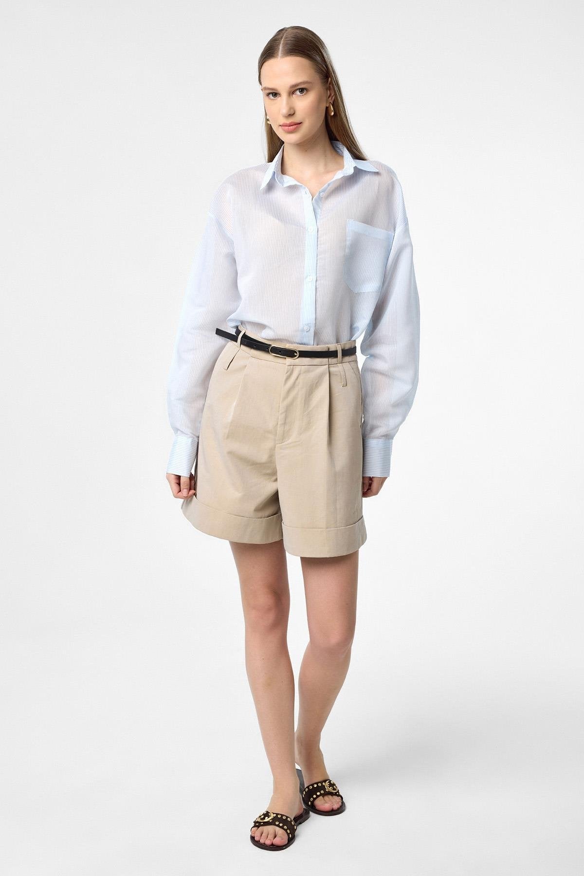 Antioch-Mavi Relax Fit Çizgili Uzun Kollu Kadın Gömlek-Gömlek-2-Milagron.com