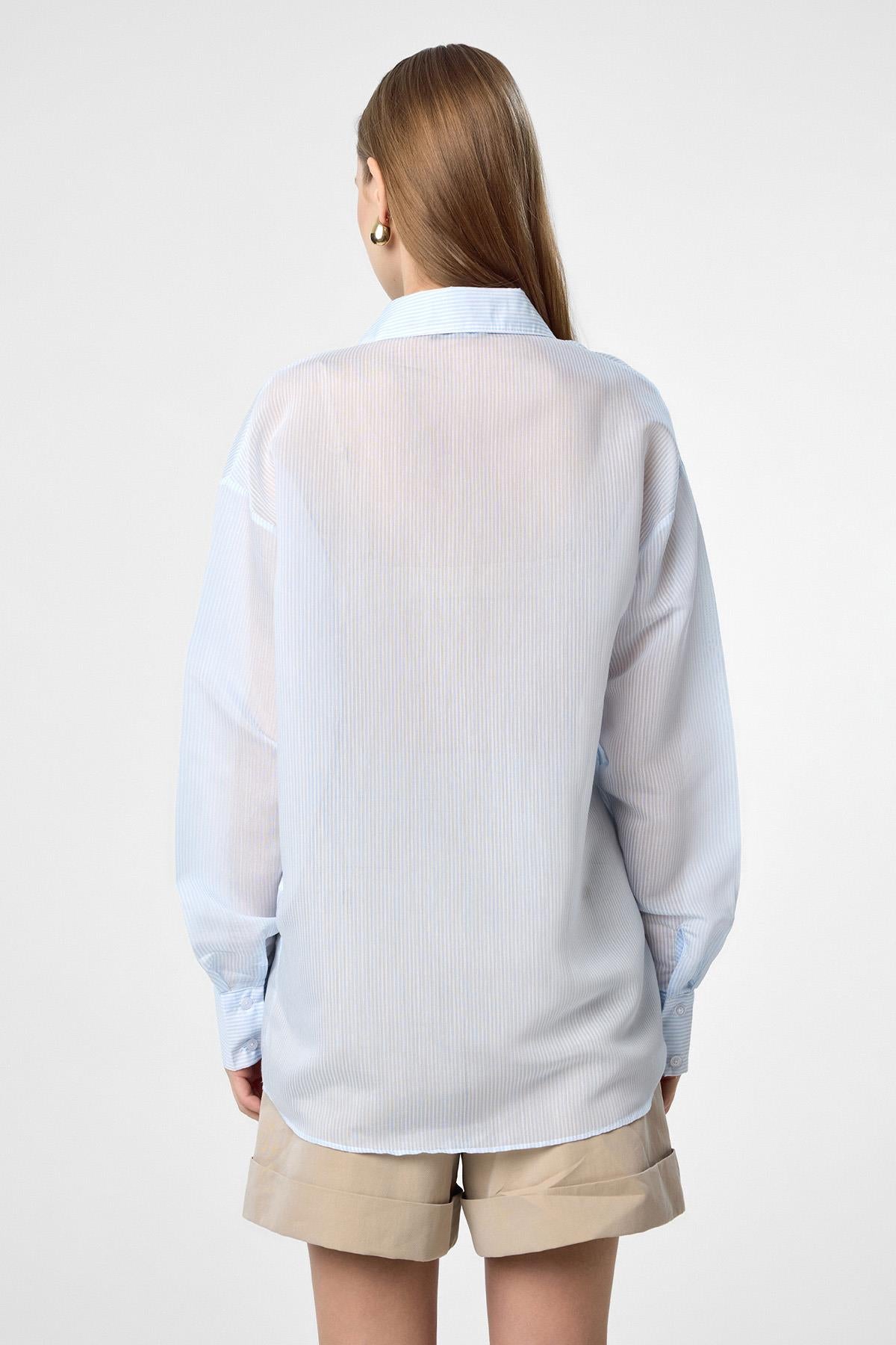 Antioch-Mavi Relax Fit Çizgili Uzun Kollu Kadın Gömlek-Gömlek-8-Milagron.com