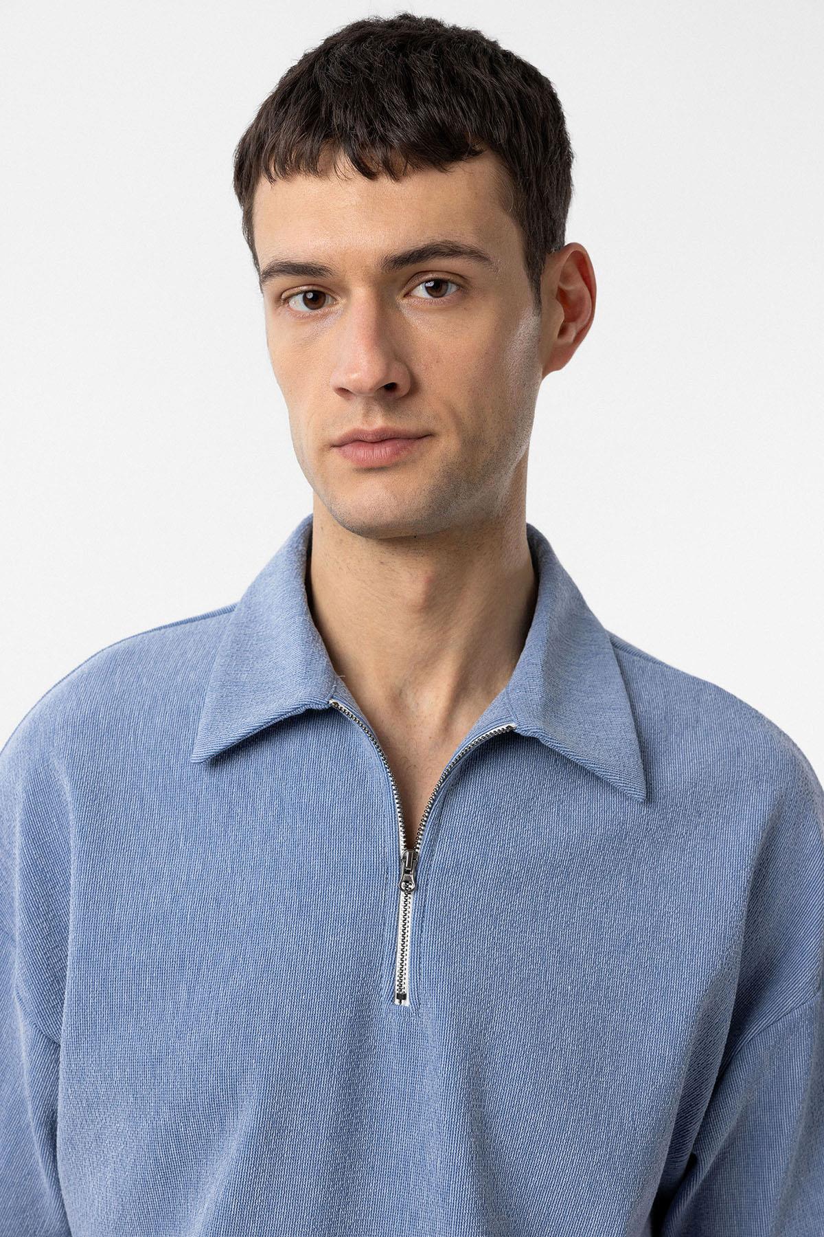 Antioch-Mavi Relax Fit Fermuarlı Polo Yaka Erkek T Shirt-T-Shirts-3-Milagron.com