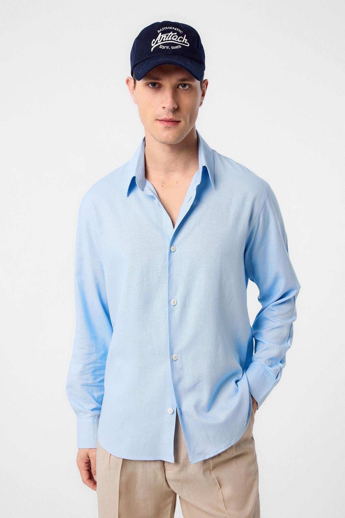 Antioch-Mavi Relax Fit Keten Karışımlı Erkek Gömlek-Gömlek-1-Milagron.com