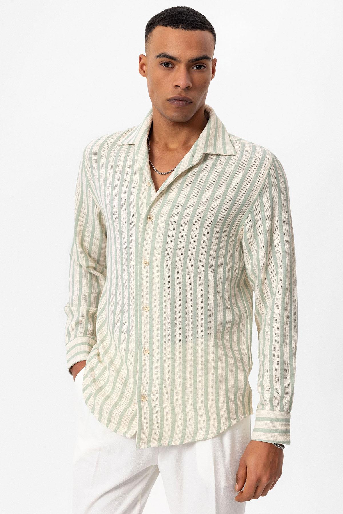 Antioch-Mint Çizgili Örme Uzun Kollu Erkek Gömlek-Gömlek-1-Milagron.com