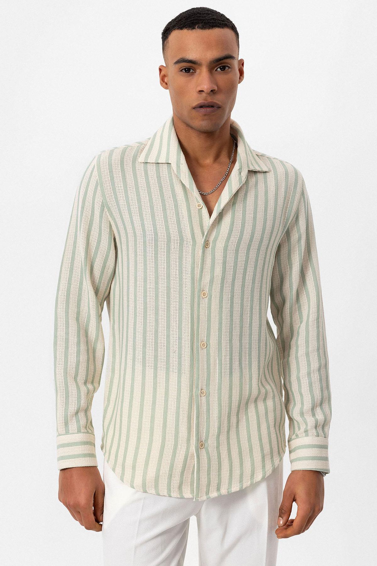 Antioch-Mint Çizgili Örme Uzun Kollu Erkek Gömlek-Gömlek-2-Milagron.com