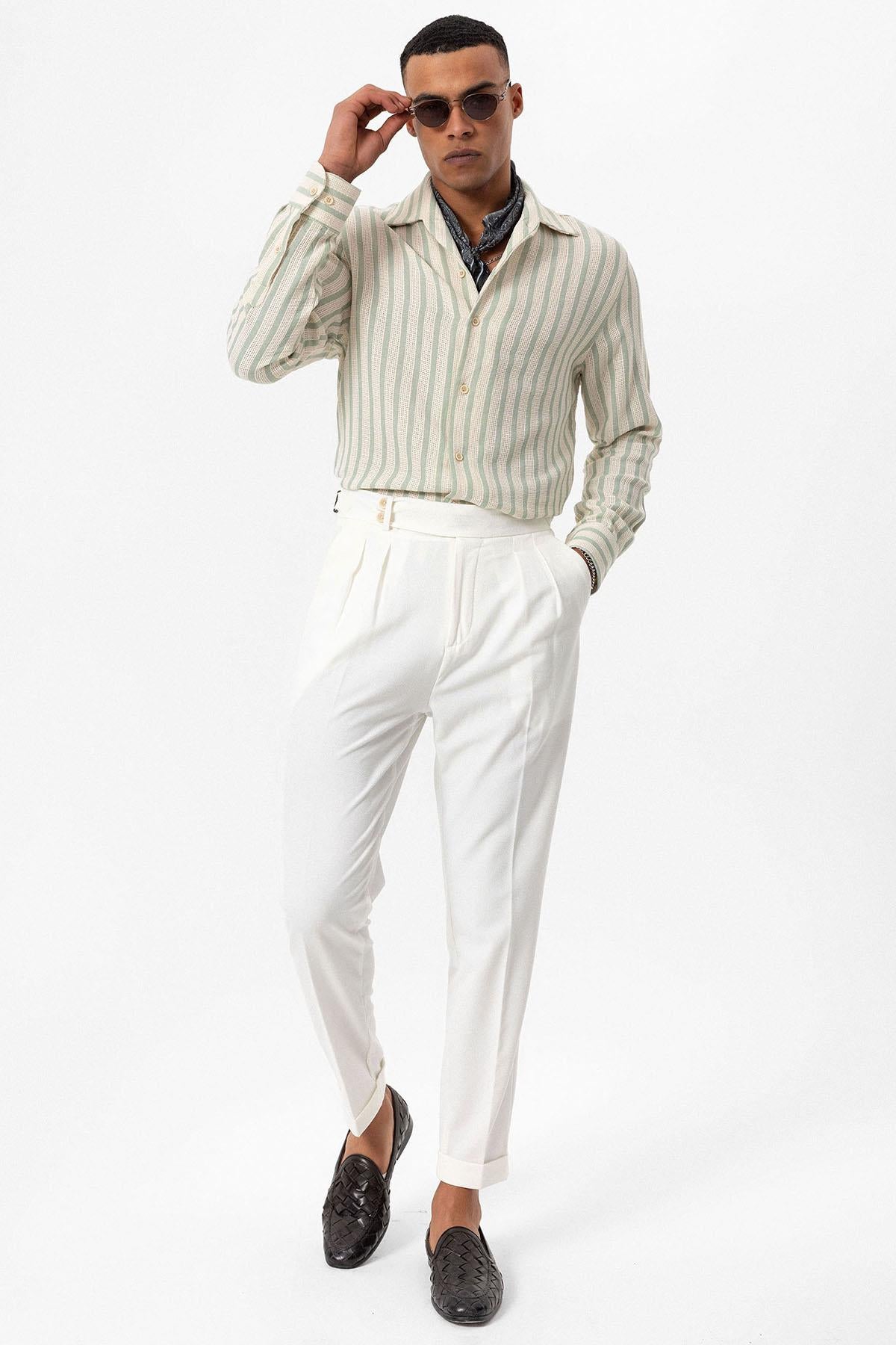 Antioch-Mint Çizgili Örme Uzun Kollu Erkek Gömlek-Gömlek-3-Milagron.com