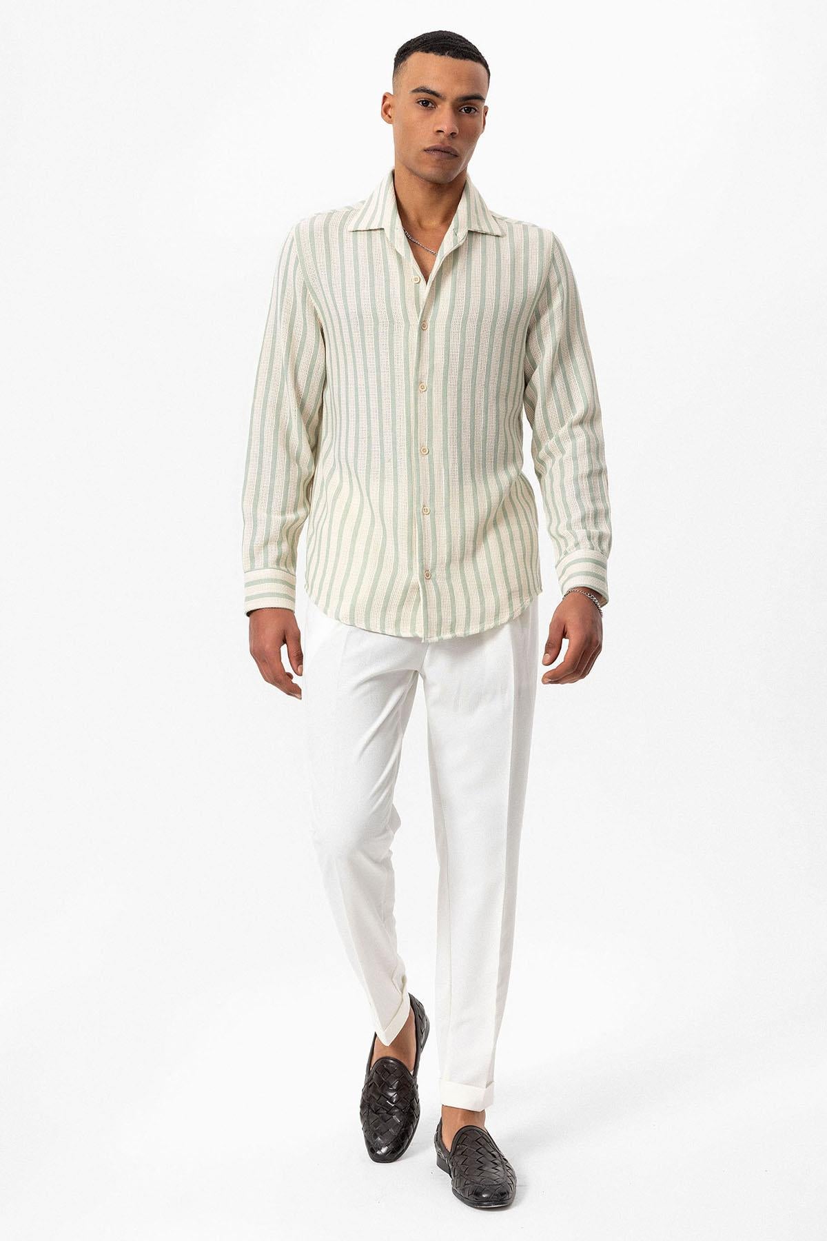 Antioch-Mint Çizgili Örme Uzun Kollu Erkek Gömlek-Gömlek-4-Milagron.com