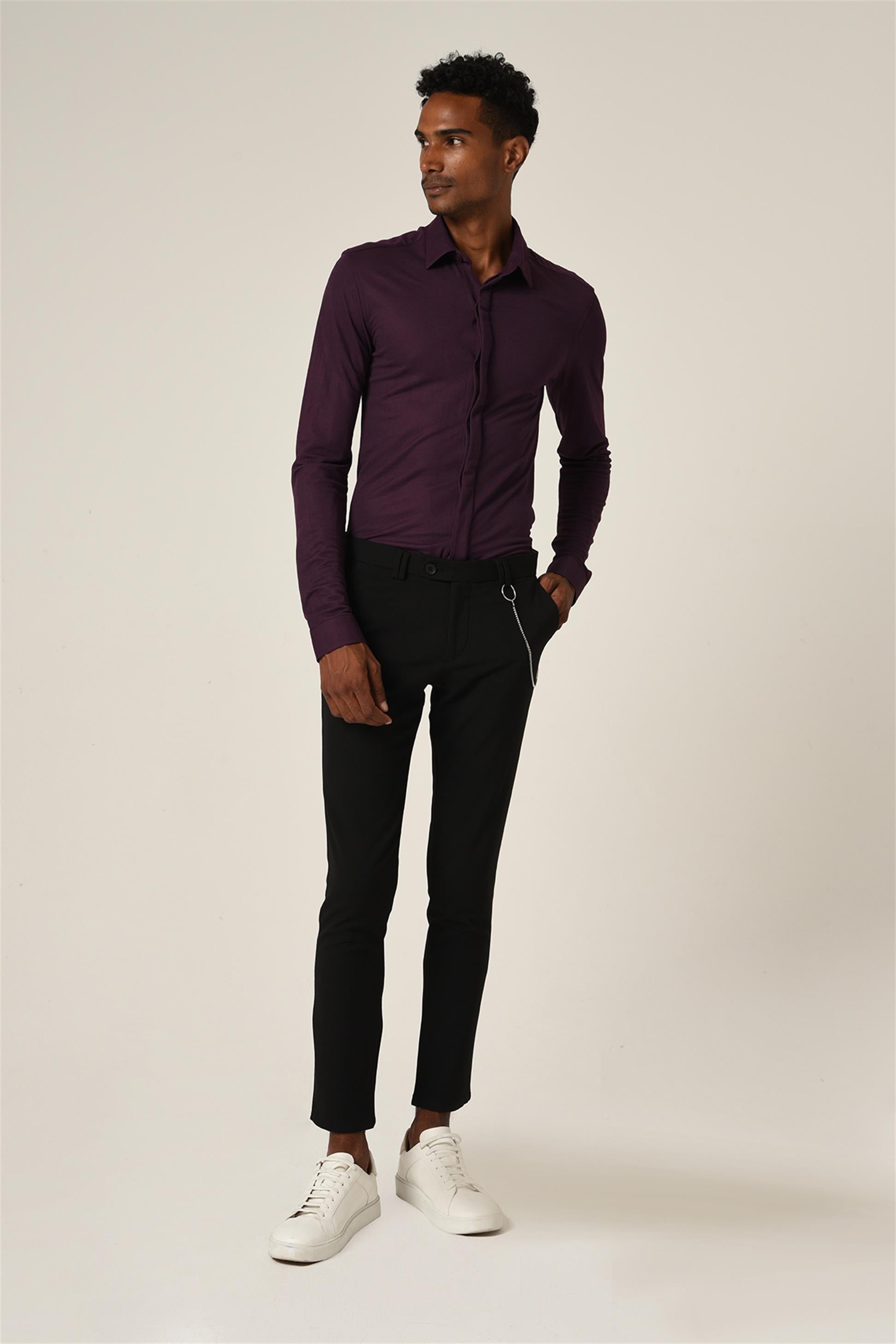 Antioch-Mürdüm Erkek Gizli Düğme Uzun Kollu Slim Fit Triko Gömlek-Gömlek-1-Milagron.com