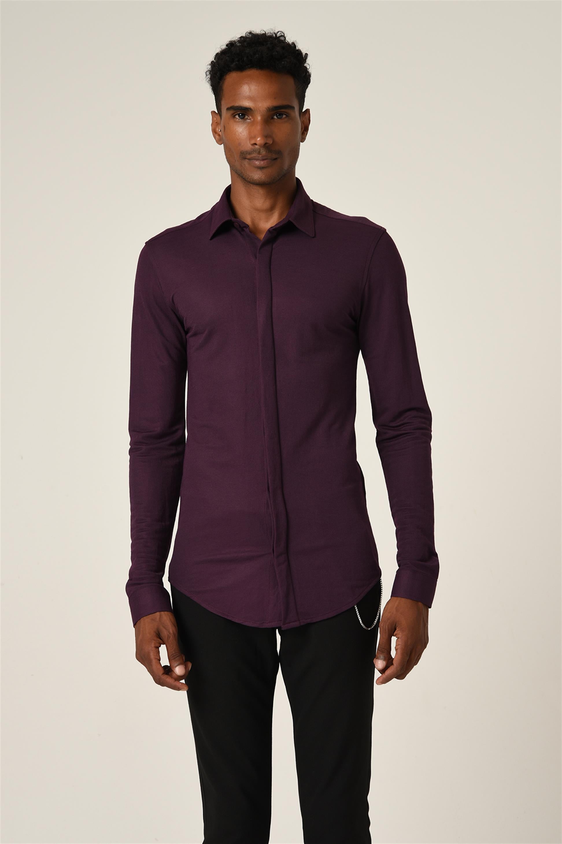 Antioch-Mürdüm Erkek Gizli Düğme Uzun Kollu Slim Fit Triko Gömlek-Gömlek-2-Milagron.com