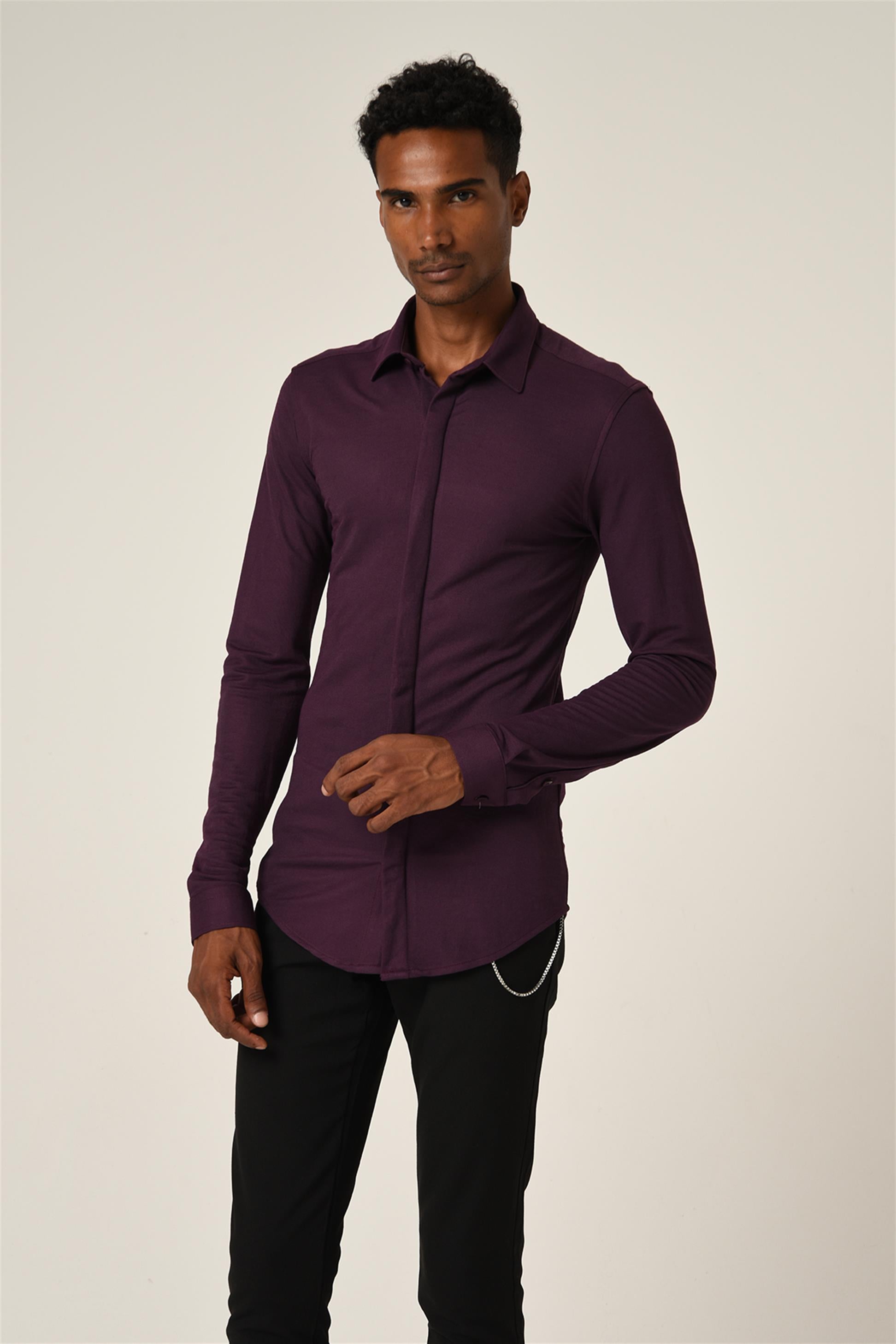 Antioch-Mürdüm Erkek Gizli Düğme Uzun Kollu Slim Fit Triko Gömlek-Gömlek-3-Milagron.com