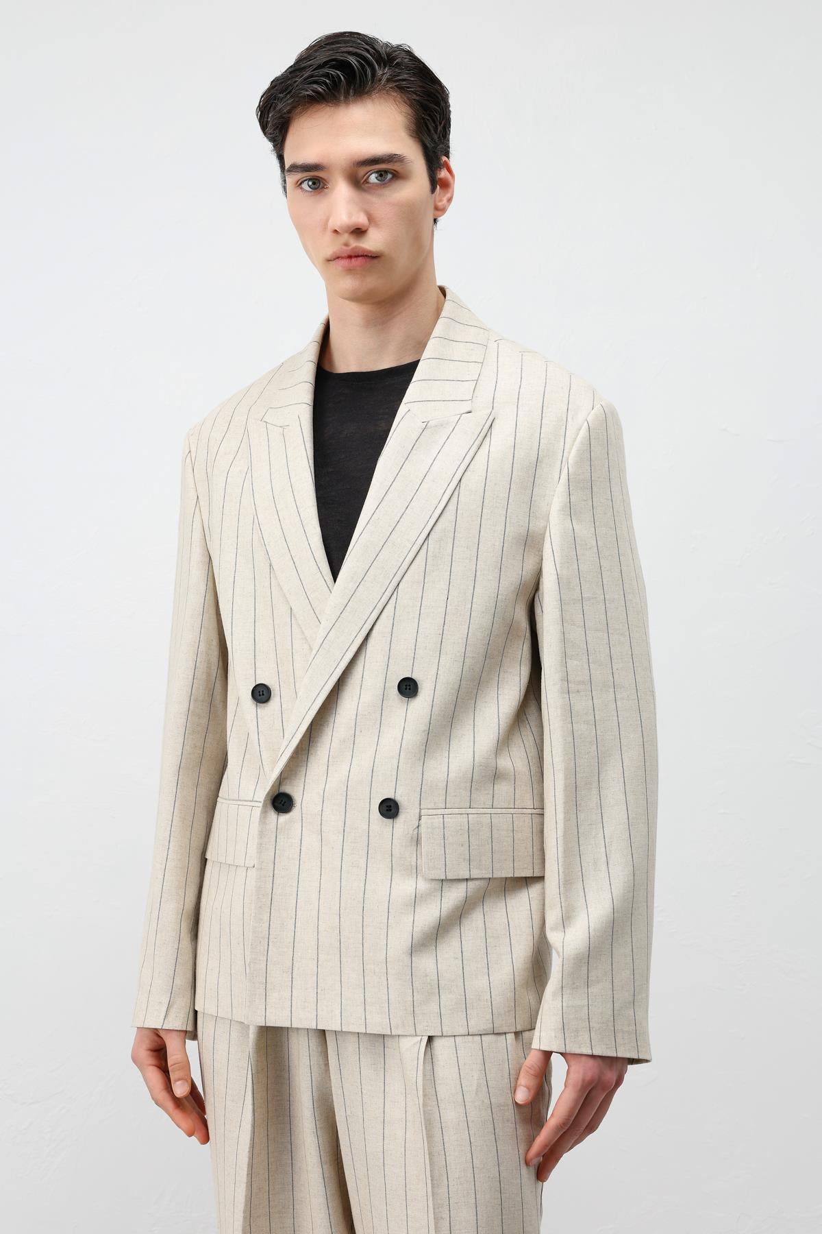 Antioch Natur Keten Karışımlı Çizgili Erkek Blazer Ceket