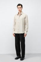 Antioch Natur Keten Karışımlı Çizgili Erkek Gömlek