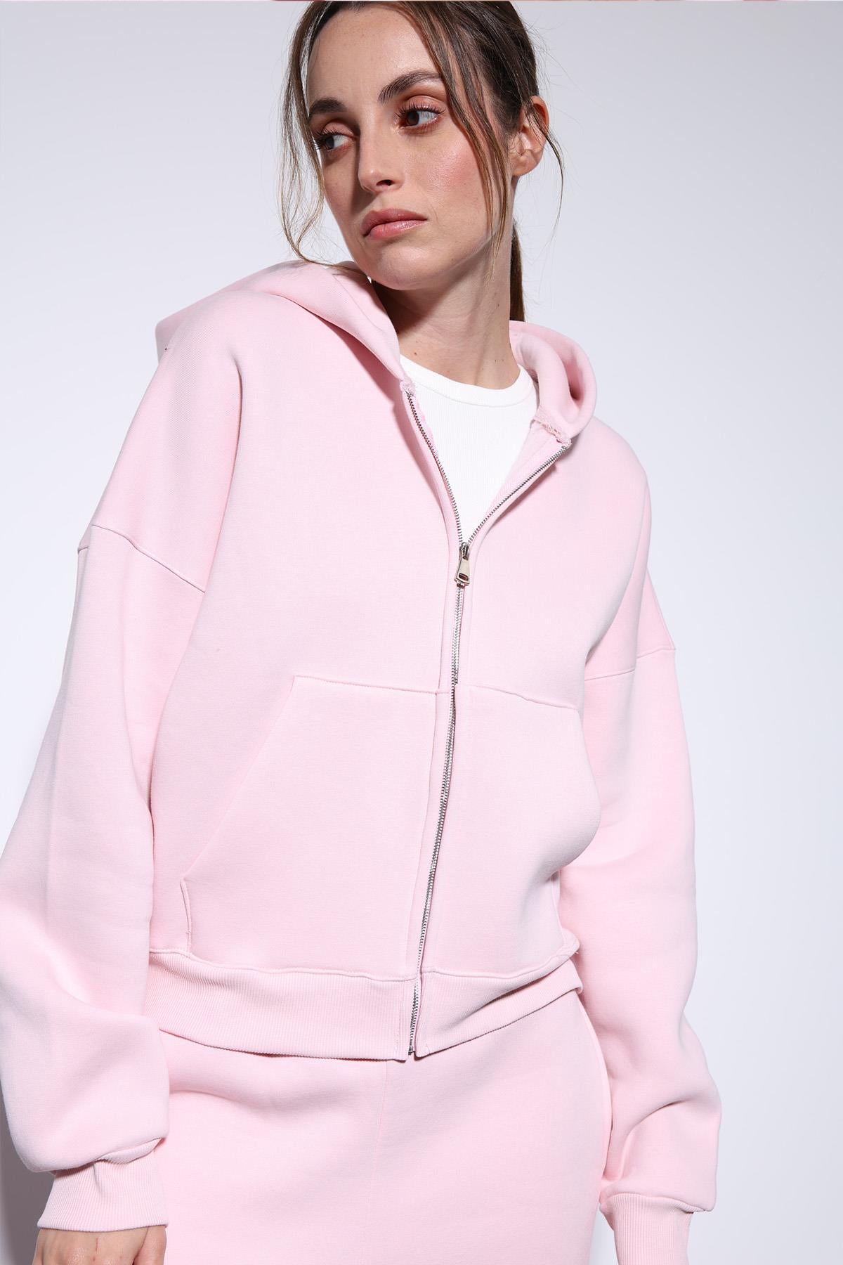 Antioch Pembe Fermuarlı Kapüşonlu Kadın Sweatshirt