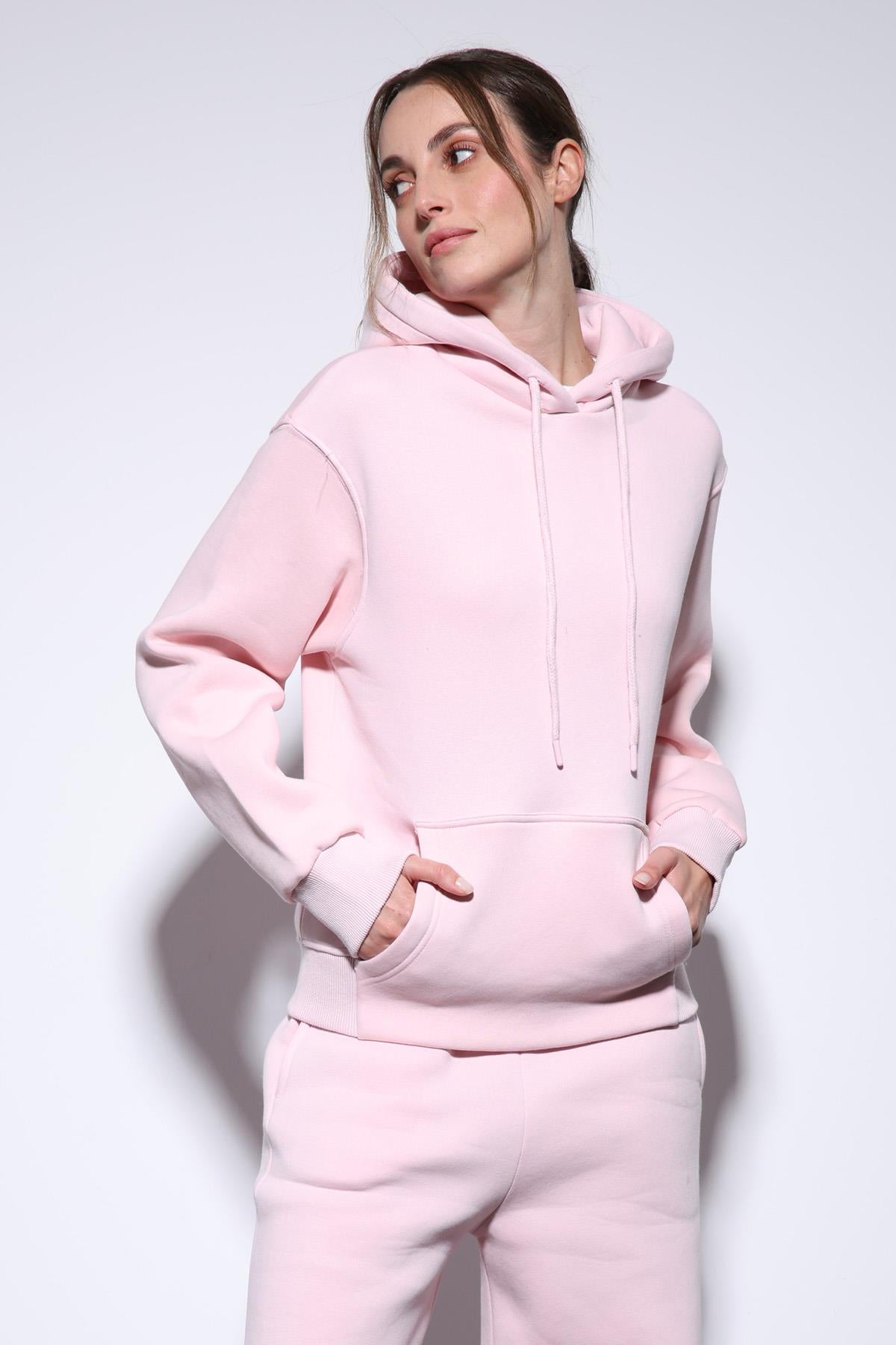 Antioch-Pembe Kapüşonlu Basic Kadın Sweatshirt-Sweatshirt-2-Milagron.com