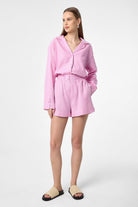 Antioch-Pembe Keten Karışımlı Şort Gömlek Kadın Takım-Alt - Üst Takım-2-Milagron.com