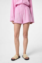 Antioch-Pembe Keten Karışımlı Şort Gömlek Kadın Takım-Alt - Üst Takım-4-Milagron.com