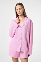 Antioch-Pembe Keten Karışımlı Şort Gömlek Kadın Takım-Alt - Üst Takım-5-Milagron.com