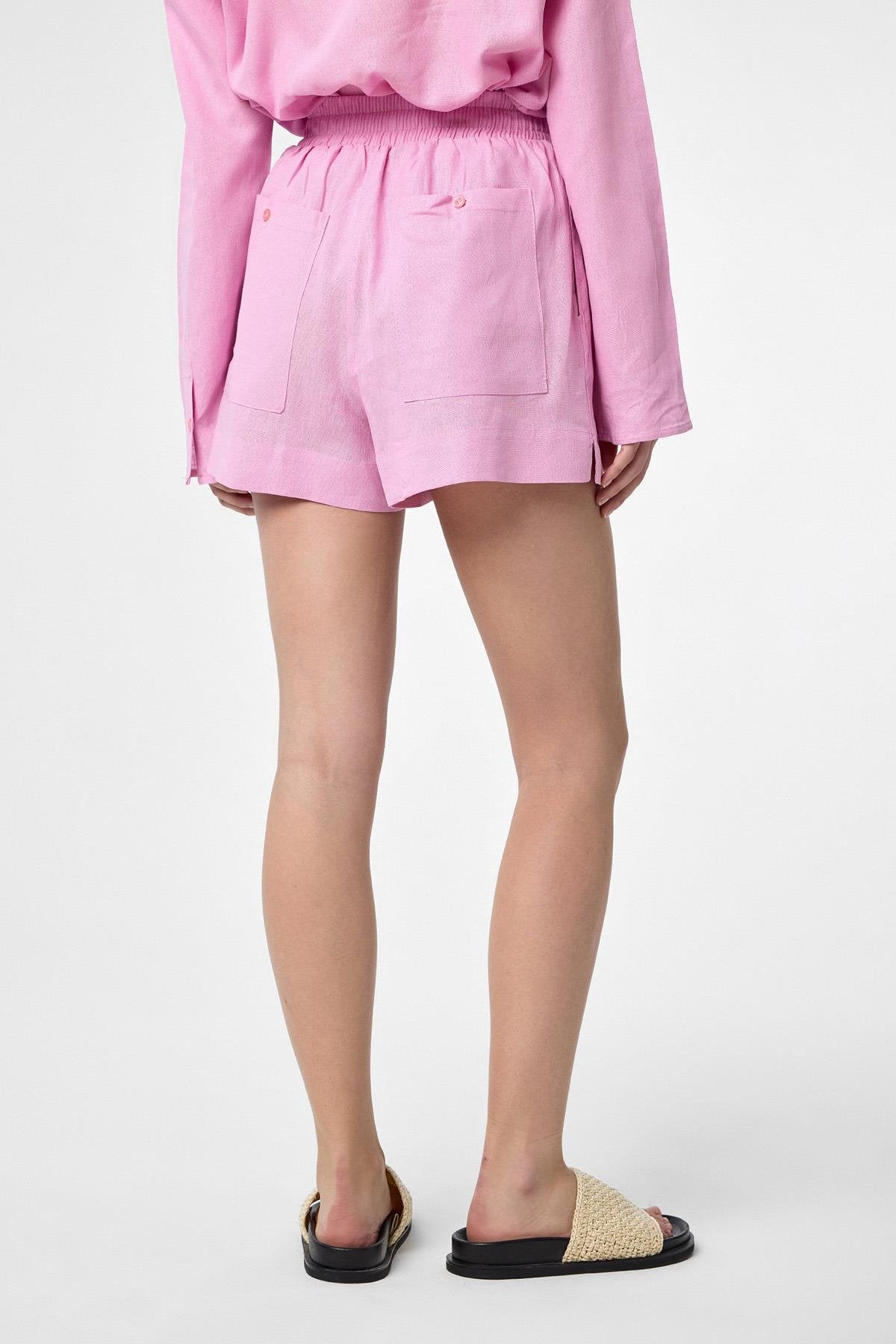 Antioch-Pembe Keten Karışımlı Şort Gömlek Kadın Takım-Alt - Üst Takım-8-Milagron.com