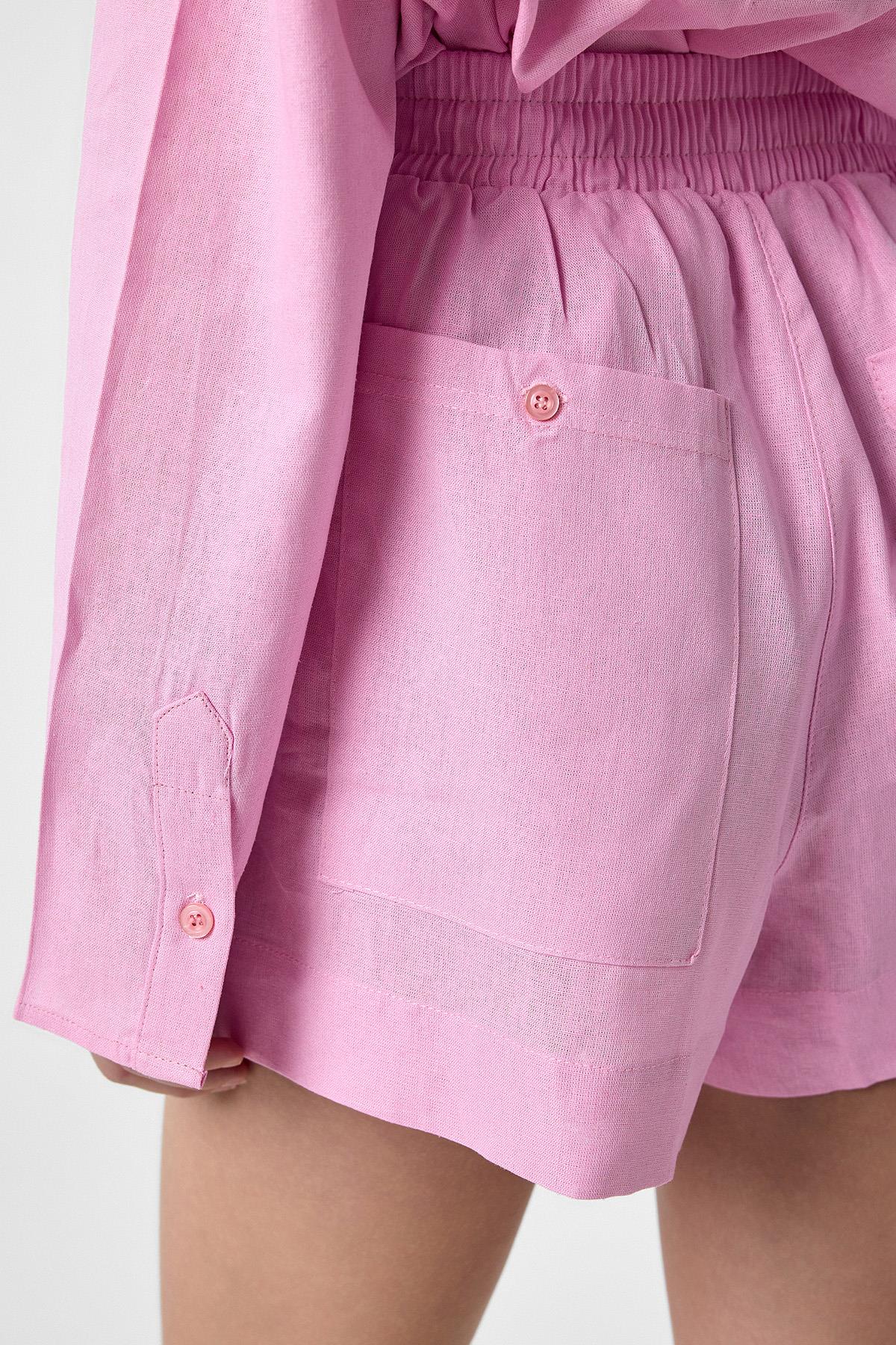 Antioch-Pembe Keten Karışımlı Şort Gömlek Kadın Takım-Alt - Üst Takım-9-Milagron.com