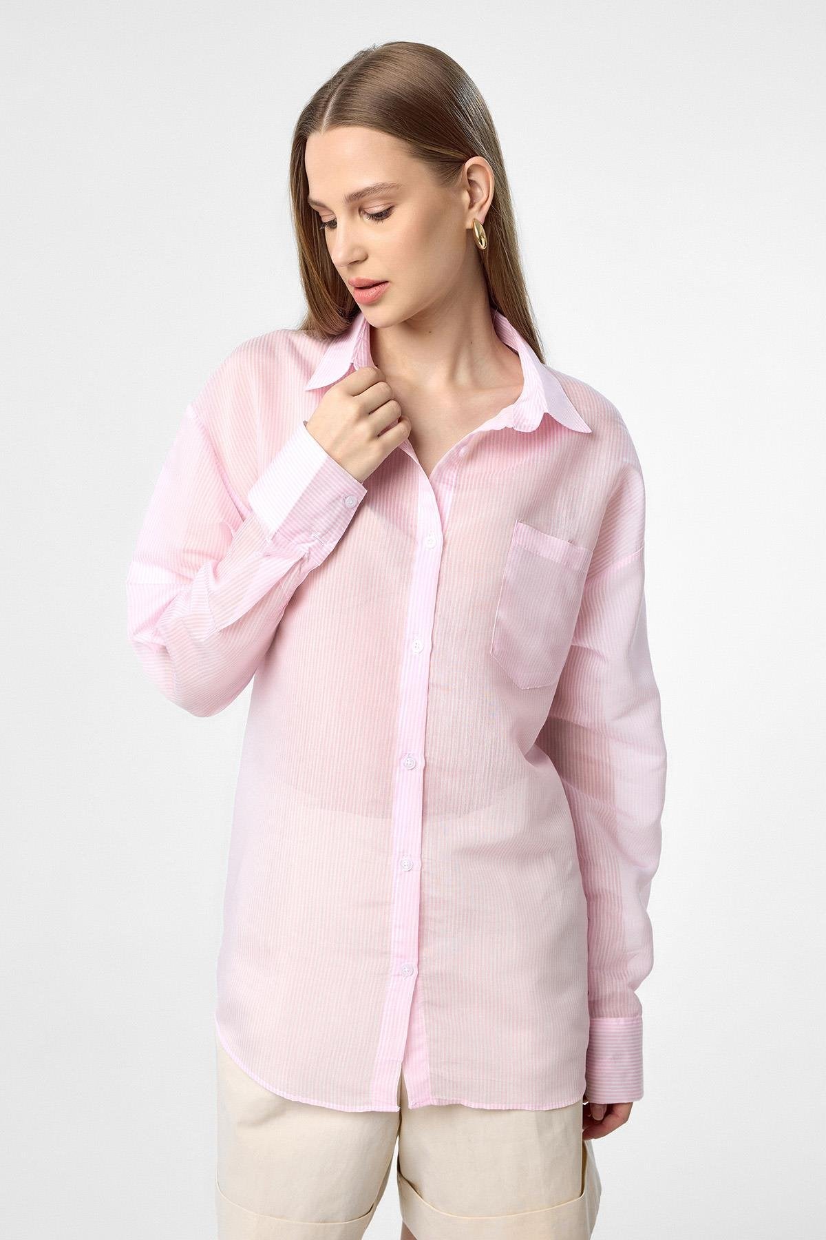 Antioch-Pembe Relax Fit Çizgili Uzun Kollu Kadın Gömlek-Gömlek-2-Milagron.com