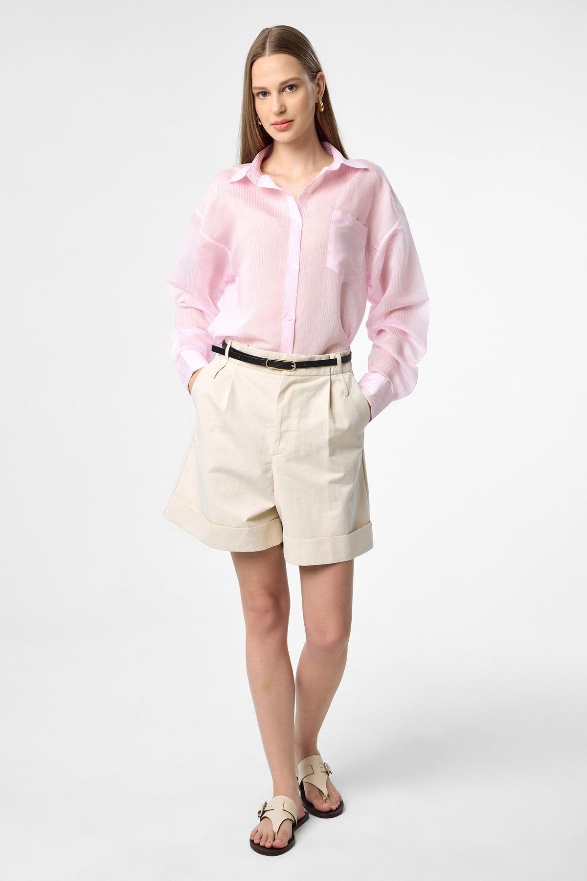 Antioch-Pembe Relax Fit Çizgili Uzun Kollu Kadın Gömlek-Gömlek-3-Milagron.com