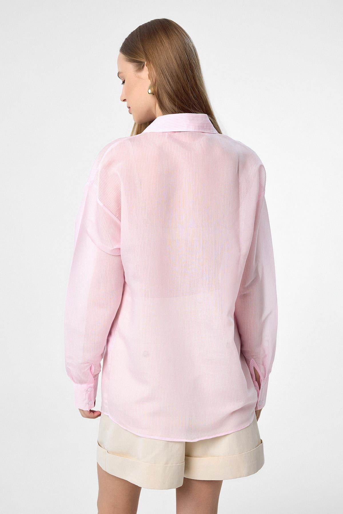 Antioch-Pembe Relax Fit Çizgili Uzun Kollu Kadın Gömlek-Gömlek-7-Milagron.com
