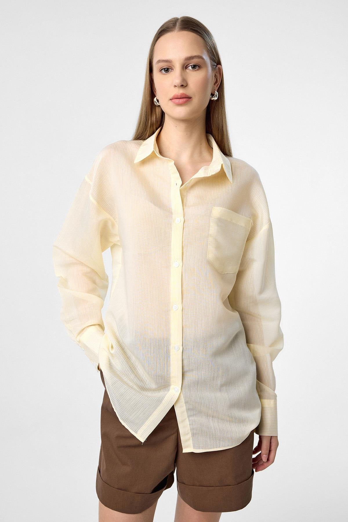 Antioch-Sarı Relax Fit Çizgili Uzun Kollu Kadın Gömlek-Gömlek-2-Milagron.com