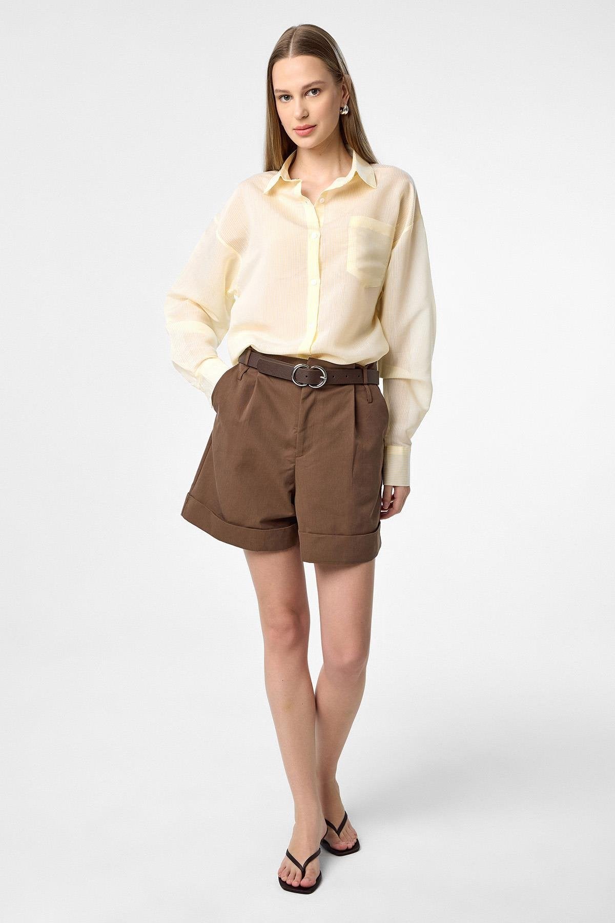 Antioch-Sarı Relax Fit Çizgili Uzun Kollu Kadın Gömlek-Gömlek-4-Milagron.com