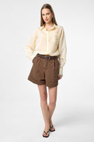 Antioch-Sarı Relax Fit Çizgili Uzun Kollu Kadın Gömlek-Gömlek-4-Milagron.com