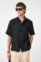 Antioch-Siyah 100% Keten Relaxed Erkek Gömlek-Gömlek-1-Milagron.com