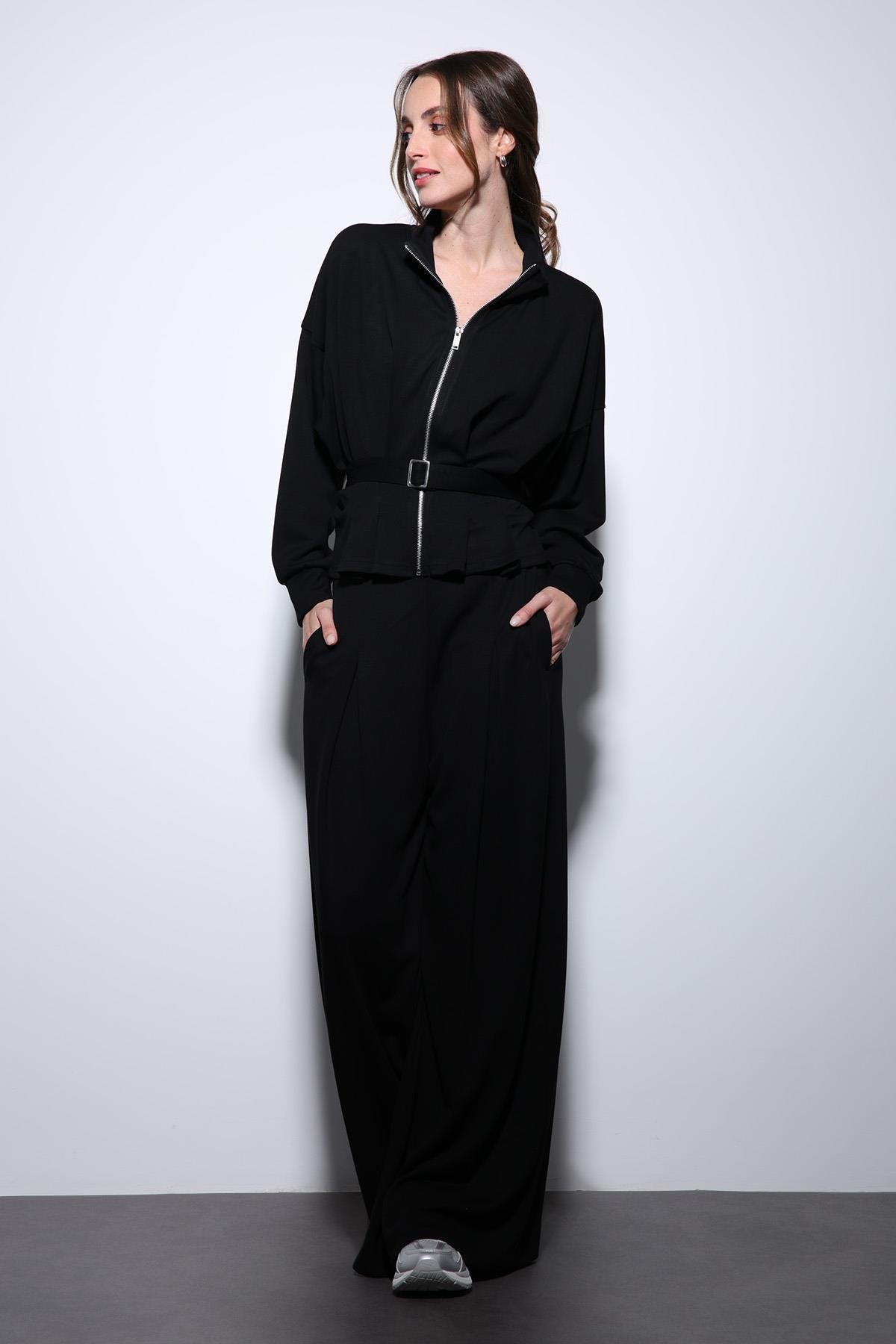 Antioch-Siyah Bel Kemerli Geniş Paça Pantolonlu Takım-Takım-3-Milagron.com