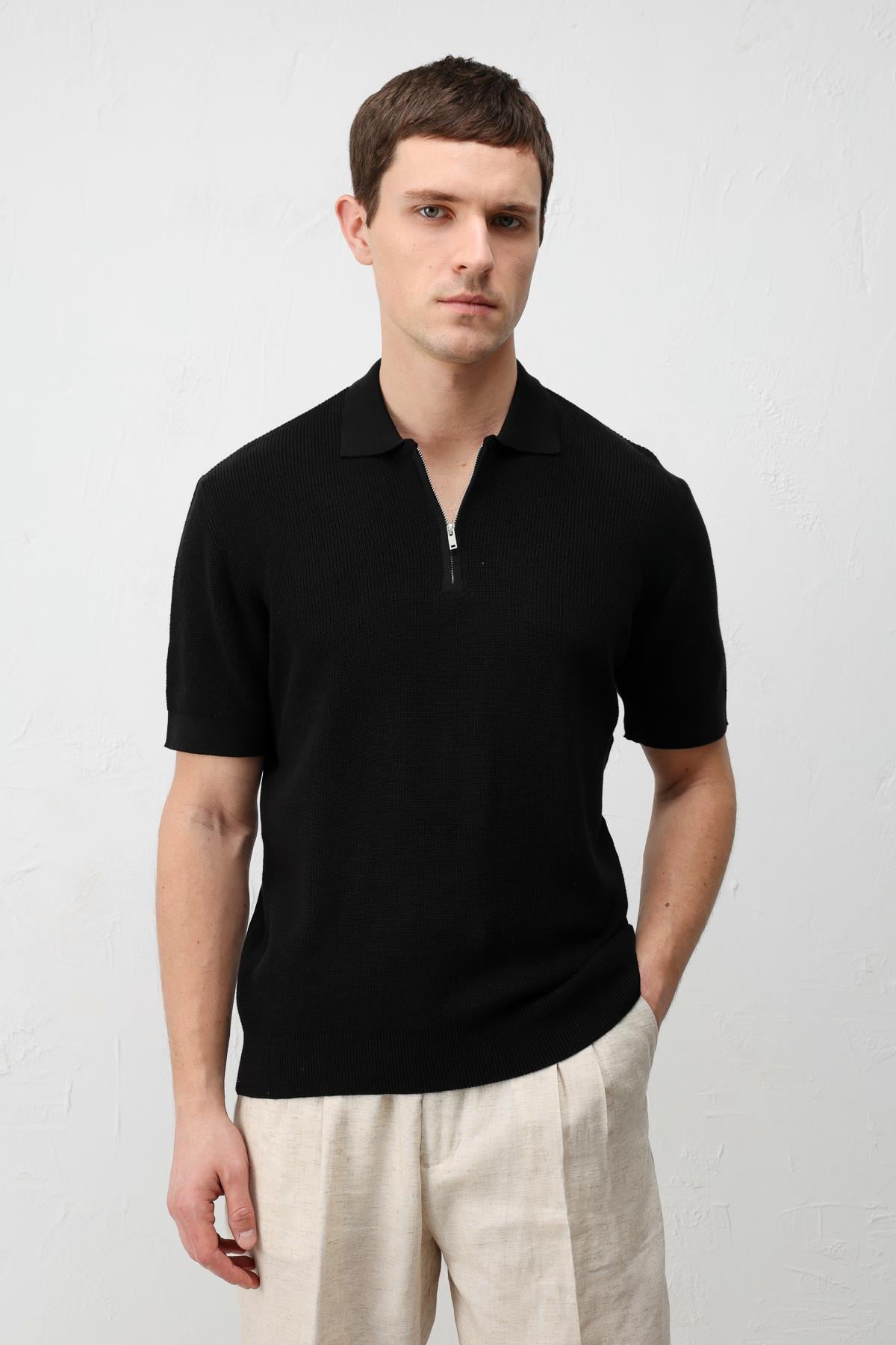 Antioch Siyah Comfort Slim Fermuarlı Erkek Triko T-Shirt