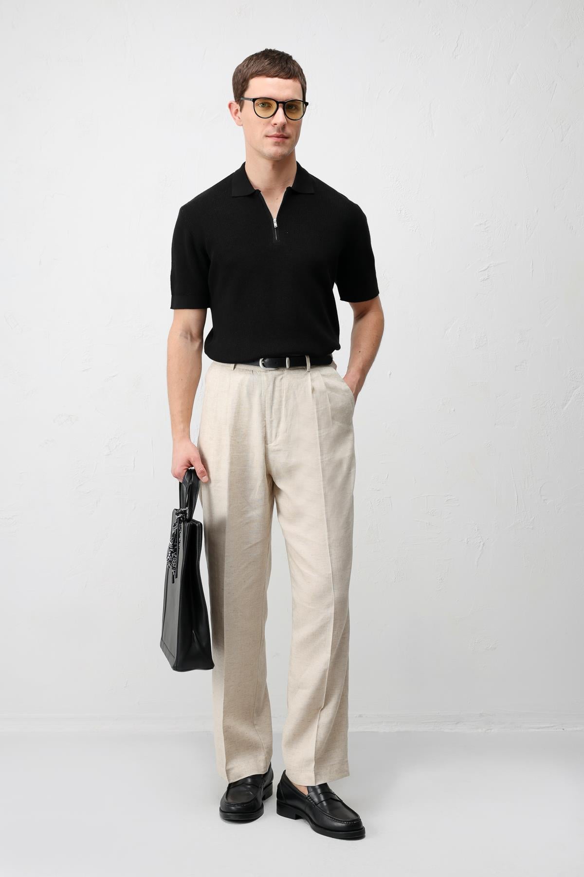 Antioch Siyah Comfort Slim Fermuarlı Erkek Triko T-Shirt