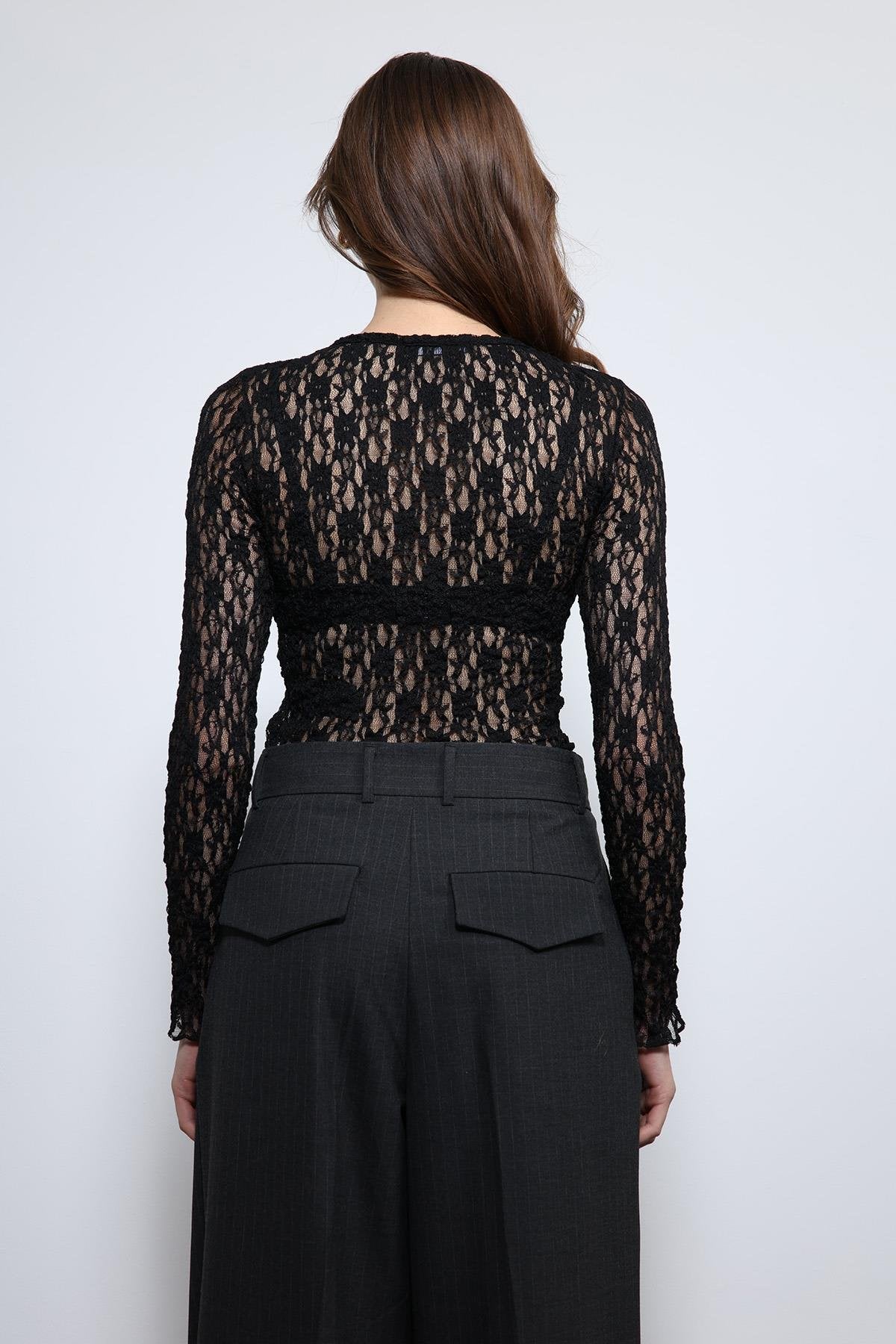 Antioch-Siyah Dantel Detaylı Transparan Bluz-Bluz-6-Milagron.com