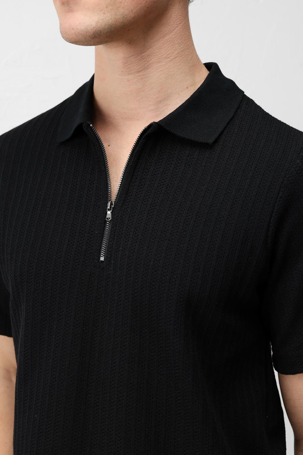 Antioch Siyah Dokulu Örme Polo Yaka Erkek T-Shirt