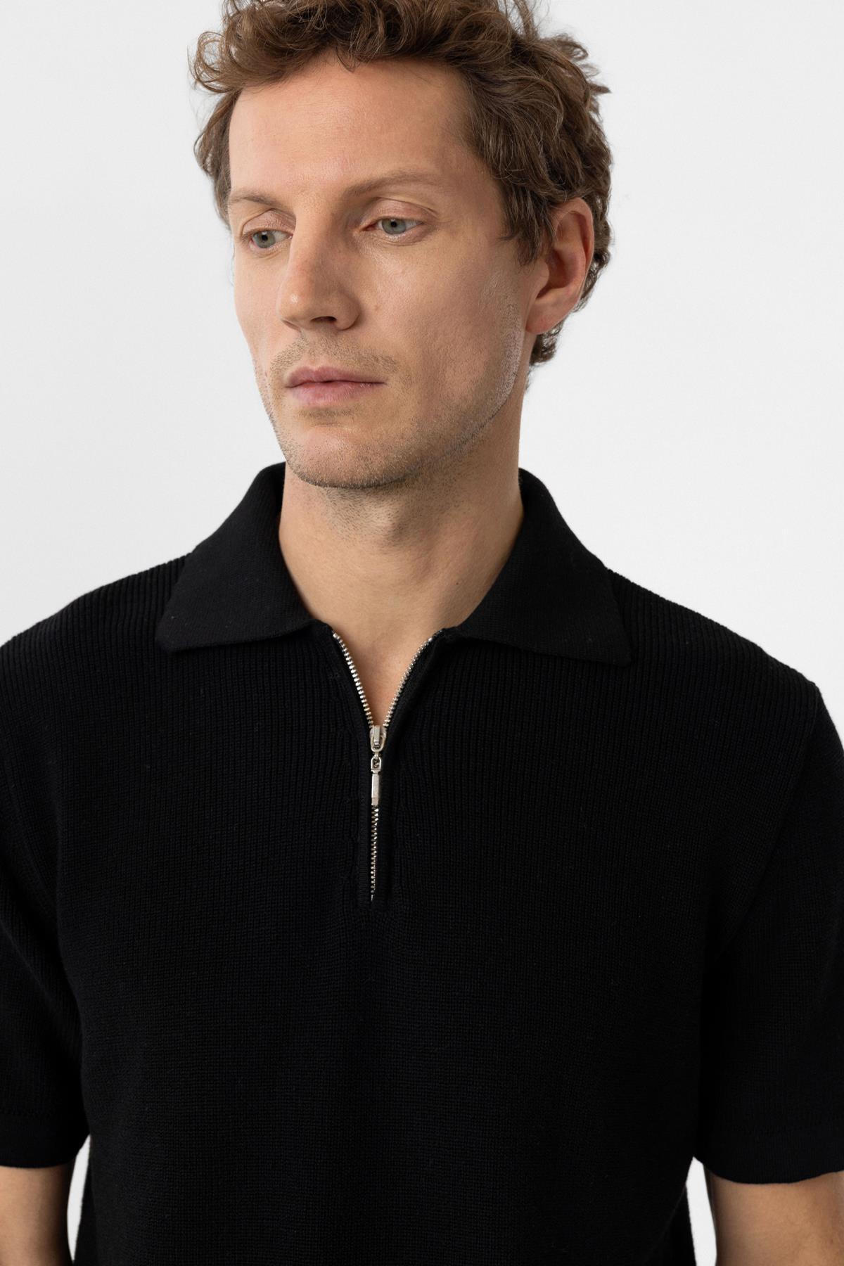 Antioch-Siyah Fermuarlı Dokuma Erkek Polo Yaka Triko T Shirt-T-Shirts-3-Milagron.com