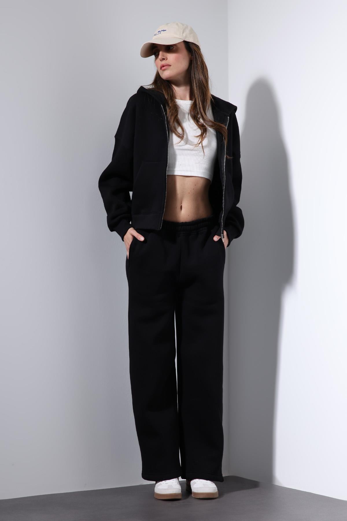 Antioch-Siyah Fermuarlı Kapüşanlı Kadın Sweatshirt-Sweatshirt-1-Milagron.com