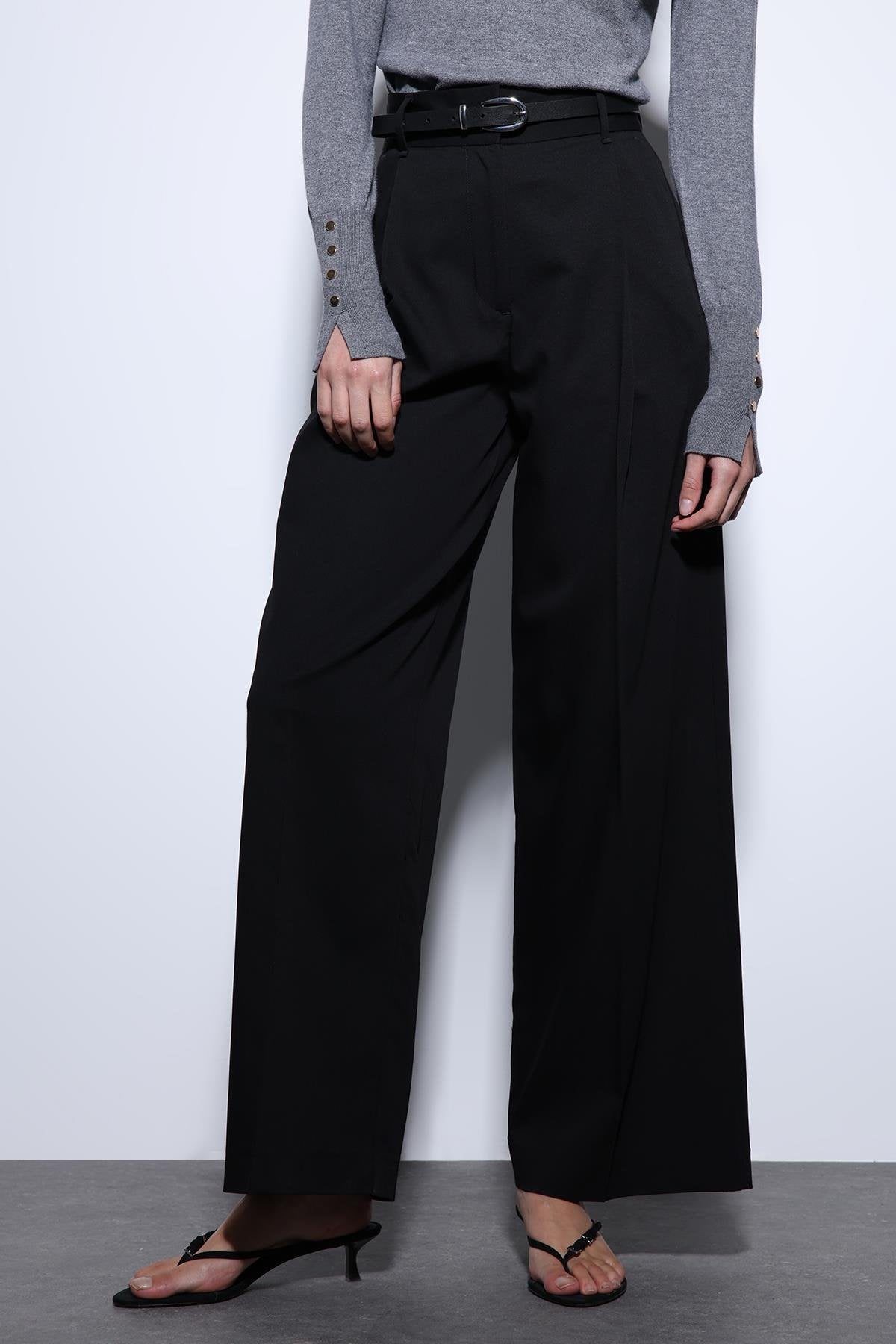 Antioch-Antioch Siyah Geniş Paça Kadın Pantolon-Kumaş Pantolon-2-Milagron.com