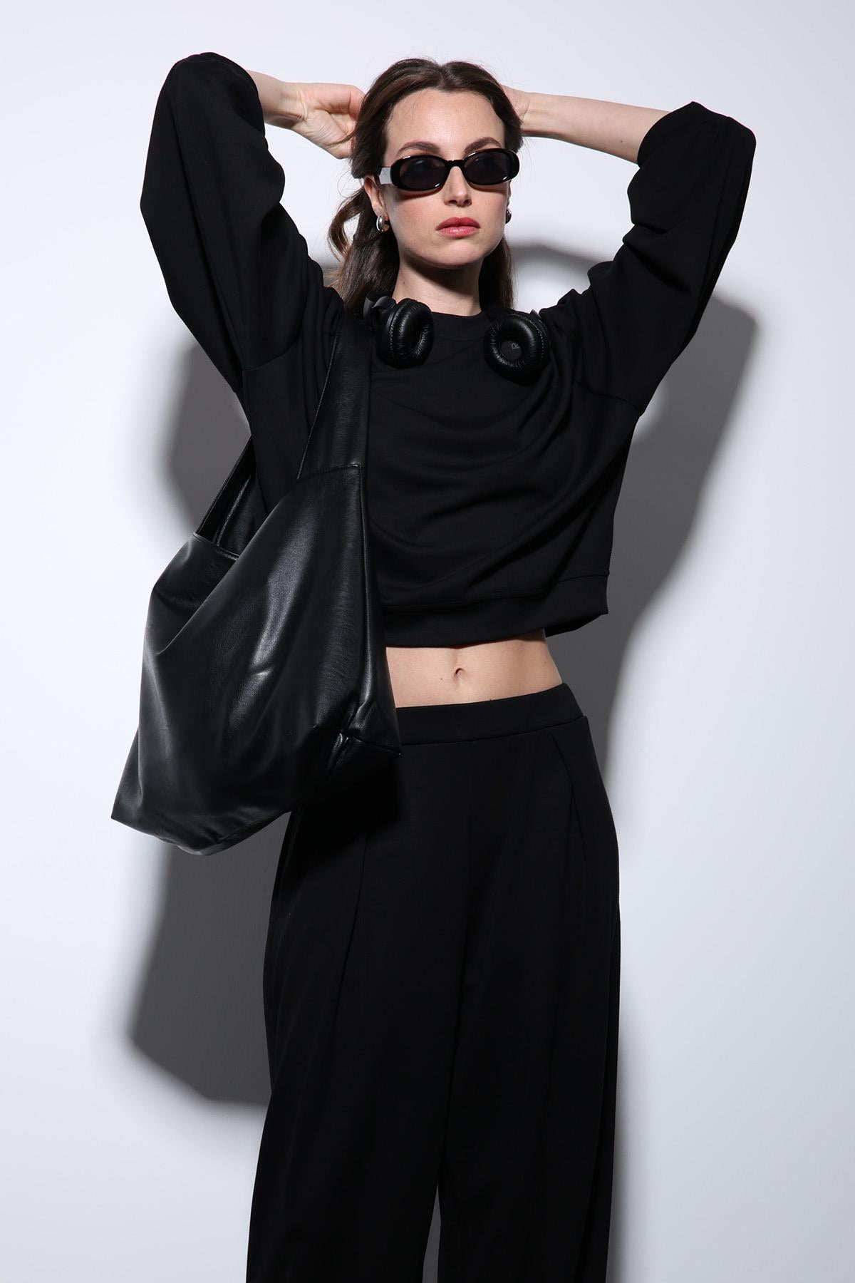 Antioch-Siyah Geniş Paça Relaxed Kadın Takım-Takım-5-Milagron.com