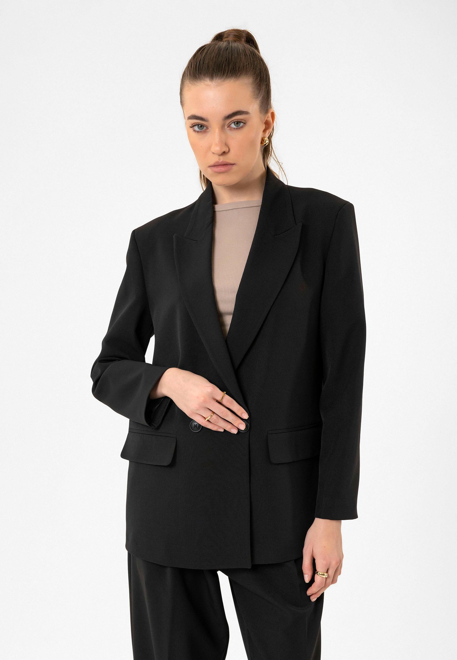 Antioch-Siyah Kadın Kruvaze Kapama Oversize Blazer Ceket-Blazer Ceket-6-Milagron.com