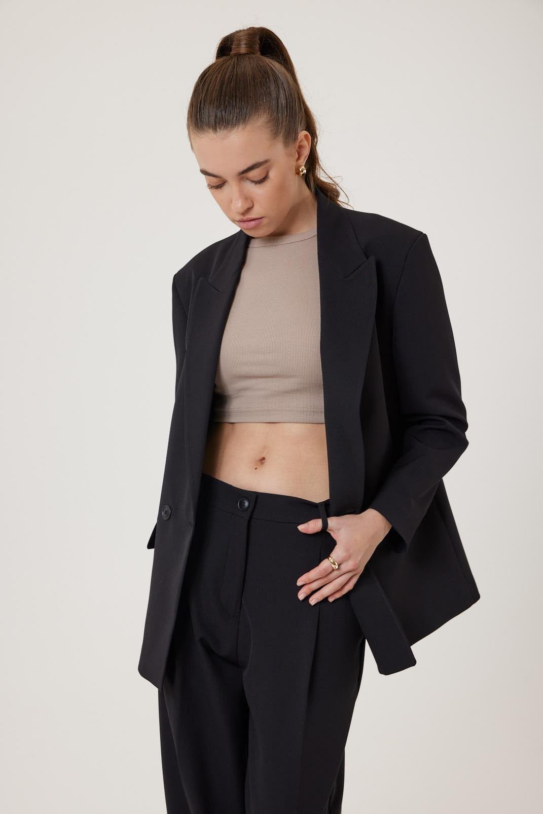 Antioch-Siyah Kadın Kruvaze Kapama Oversize Blazer Ceket-Blazer Ceket-7-Milagron.com