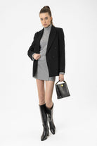 Antioch-Siyah Kadın Yün Karışımlı Balıksırtı Desenli Blazer Ceket-Ceket-4-Milagron.com