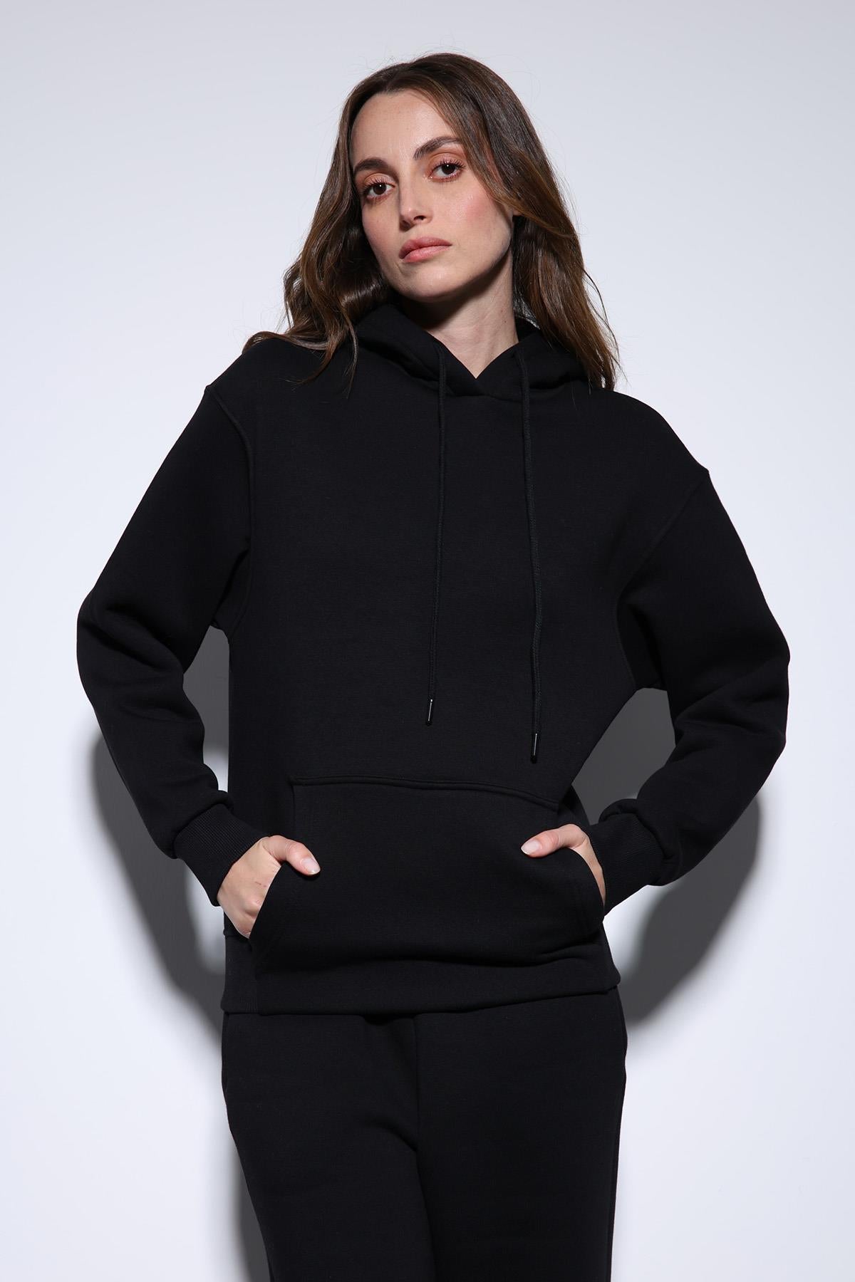 Antioch-Siyah Kapüşonlu Basic Kadın Sweatshirt-Sweatshirt-3-Milagron.com