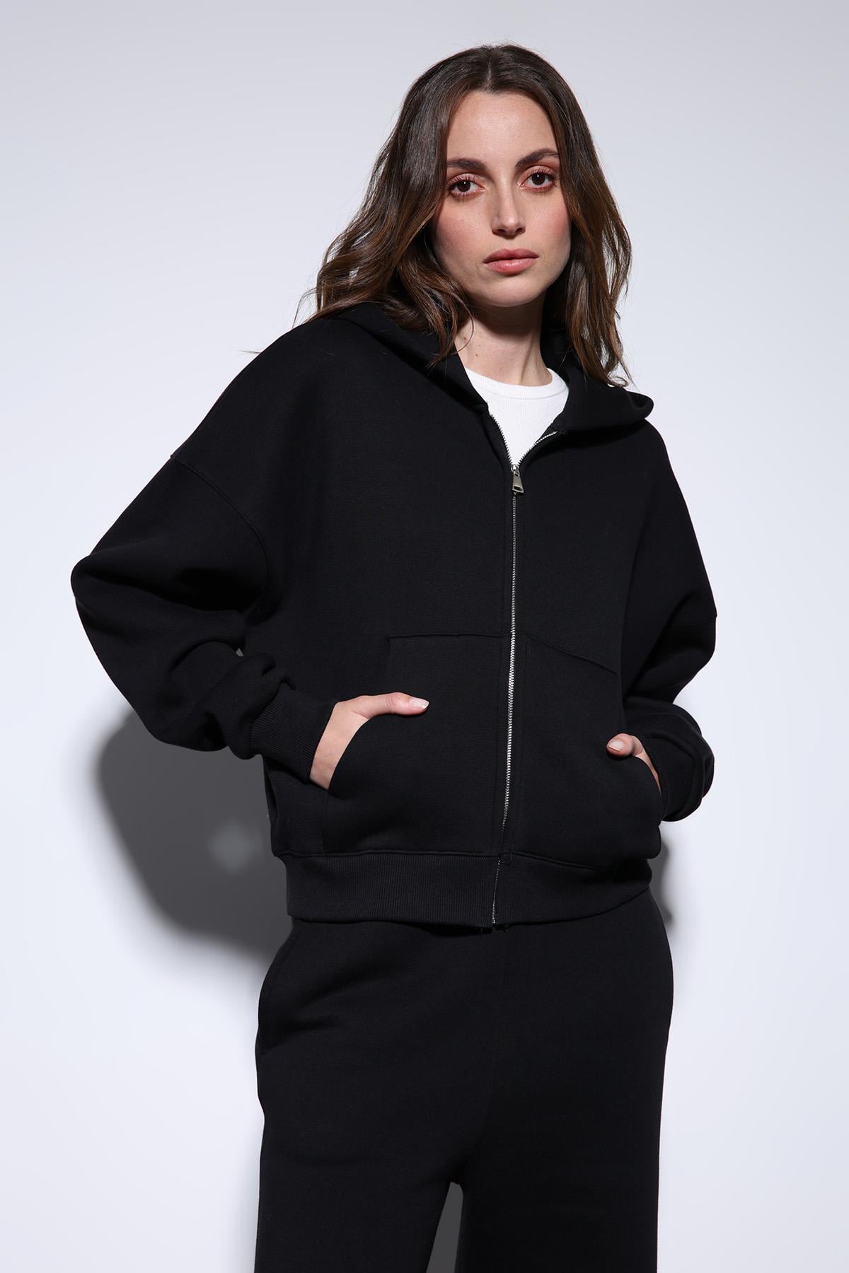 Antioch Siyah Kapüşonlu Sweatshirt Kadın Eşofman Takım