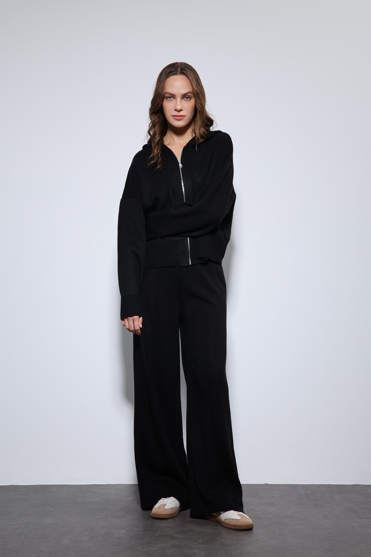 Antioch-Siyah Kapüşonlu üst Ve Geniş Paça Triko Takım-Alt - Üst Takım-3-Milagron.com