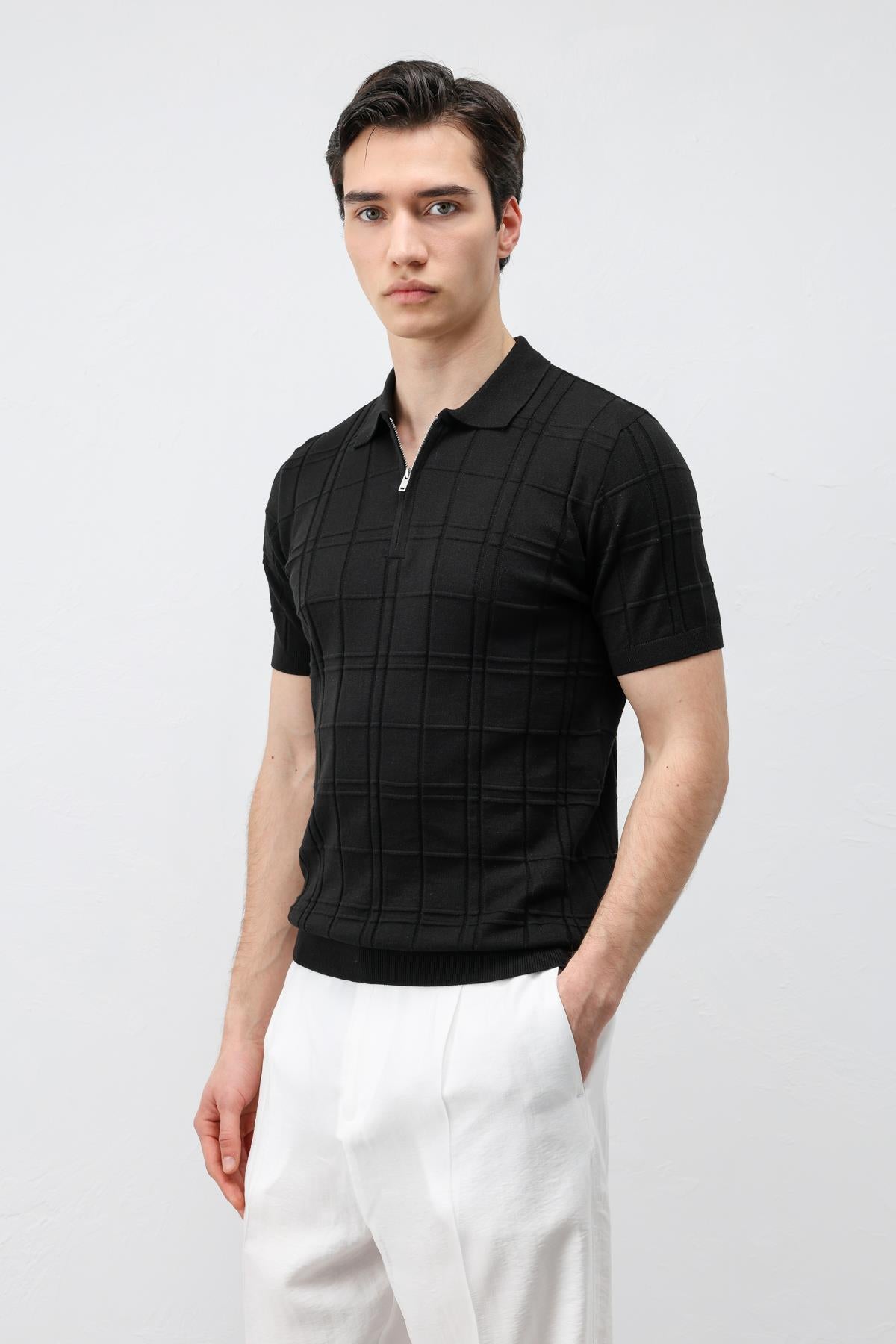 Antioch Siyah Kareli Desenli Erkek Triko T-Shirt