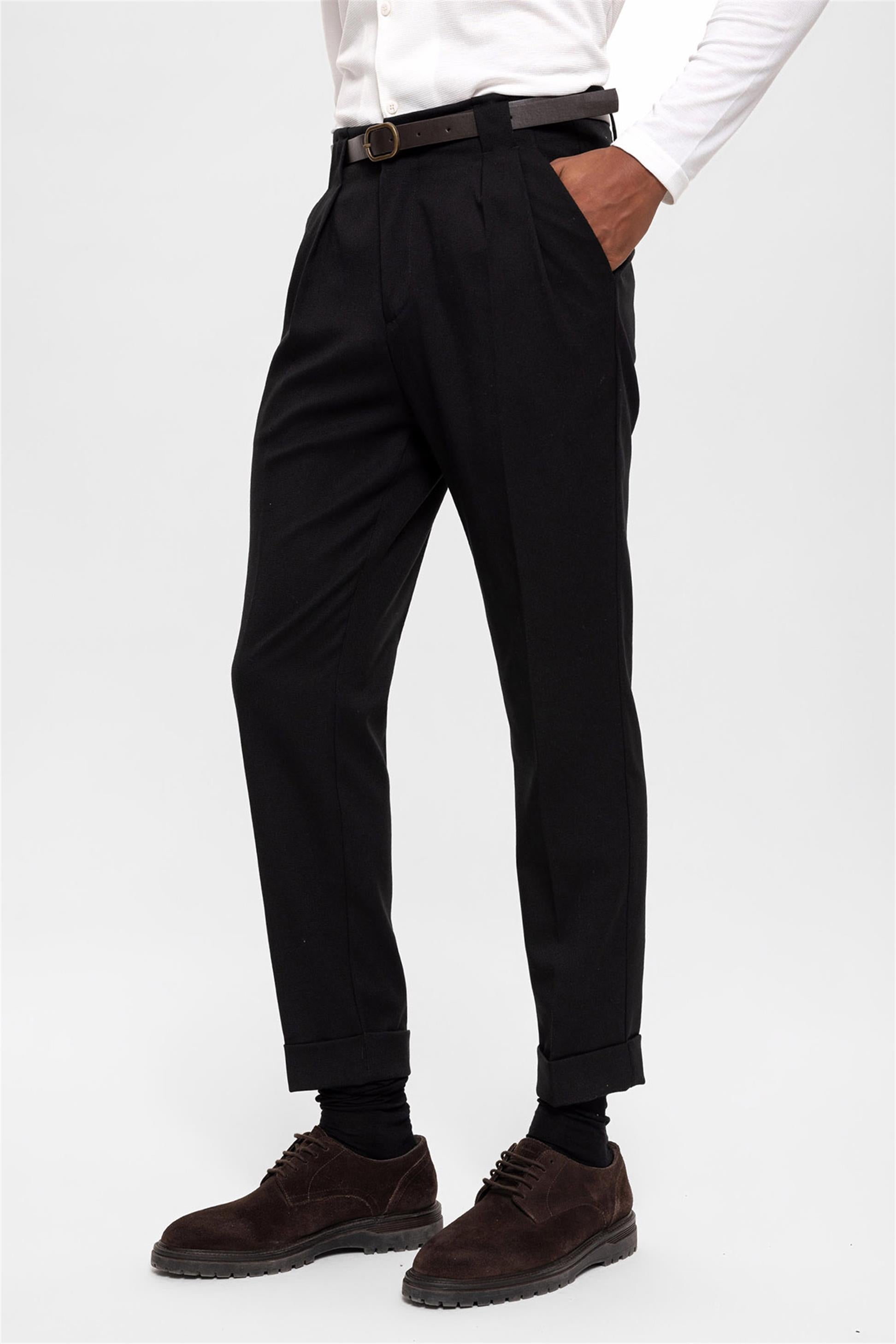 Antioch-Siyah Kemerli Double Paça Pantolon-Kumaş Pantolon-4-Milagron.com