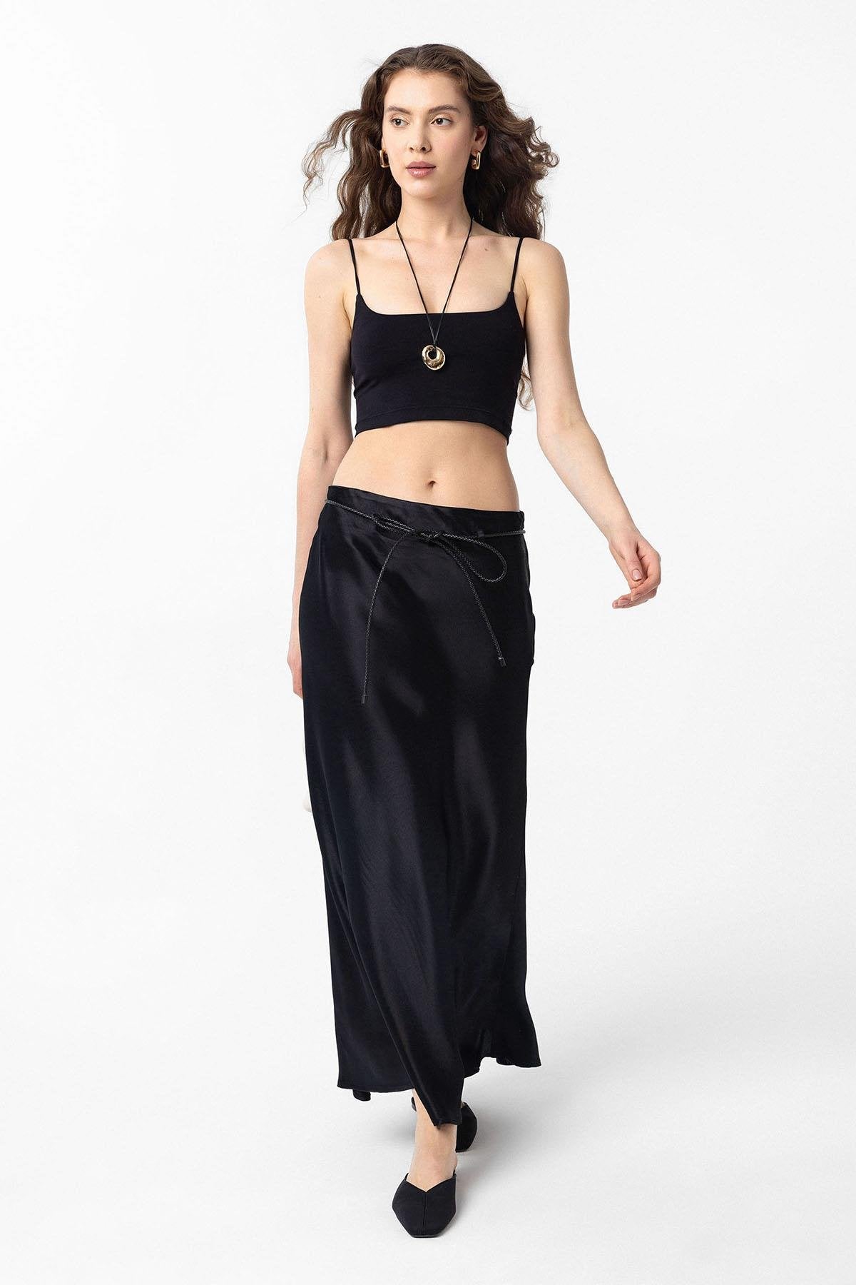 Antioch-Siyah Kemerli Saten Uzun Kadın Etek-Etek-2-Milagron.com