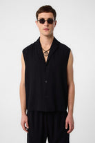 Antioch-Siyah Keten Karışımlı Kolsuz Erkek Gömlek-Gömlek-1-Milagron.com