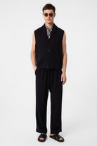 Antioch-Siyah Keten Karışımlı Kolsuz Erkek Gömlek-Gömlek-2-Milagron.com