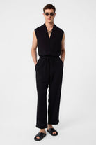 Antioch-Siyah Keten Karışımlı Kolsuz Erkek Gömlek-Gömlek-3-Milagron.com